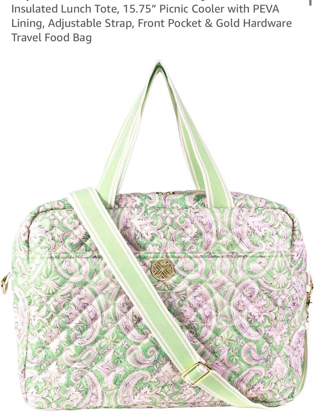 Quilted Floral Lunch Tote Bag - Green & Pink
